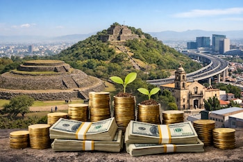 Pilas de dinero y plantas jóvenes en primer plano con las pirámides de Cuicuilco, Cerro de la Estrella, una iglesia y una ciudad moderna al fondo.