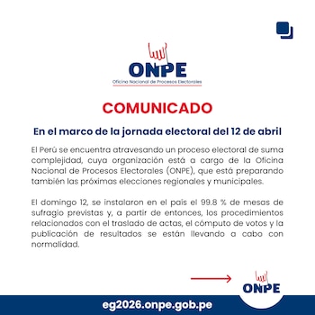 Documento blanco con el logo de ONPE, el título "COMUNICADO" en rojo y texto en español sobre la jornada electoral del 12 de abril, incluyendo una dirección web