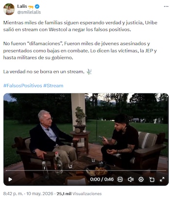 Lalis cuestionó al expresidente Álvaro Uribe Vélez tras negar falsos positivos: “Lo dicen víctimas y la JEP” - crédito @smilelalis/X