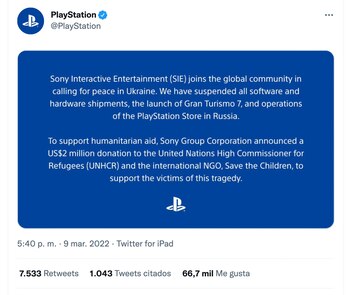 Comunicado de PlayStation. (foto: Twitter)