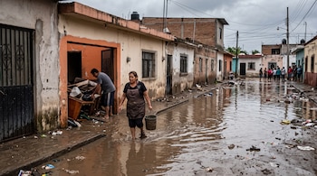 Una mujer camina con una cubeta por una calle inundada frente a casas con barro mientras un hombre mueve muebles en un inmueble.
