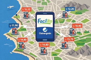 Ilustración de un mapa de Lima con estaciones de servicio y sus precios de combustible, destacando un teléfono con la app Facilito de Osinergmin conectado a los surtidores.