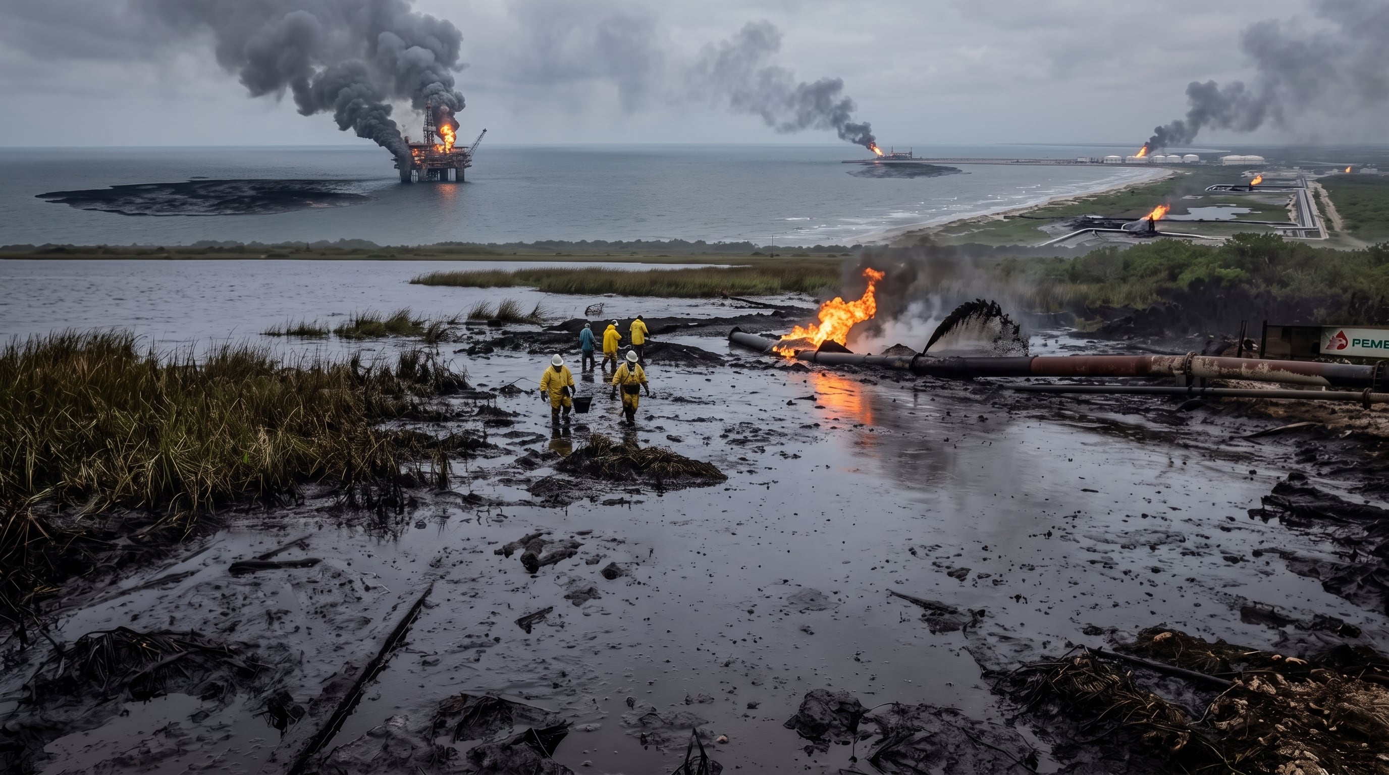 Explosiones en la refinería Olmeca, ubicada en Dos Bocas, un derrame que afectó a gran parte del Golfo de México y un incendio que duró más de 100 días en Veracruz, algunas de las principales afectaciones ambientales de Pemex en lo que va de 2026. (Imagen Ilustrativa Infobae)