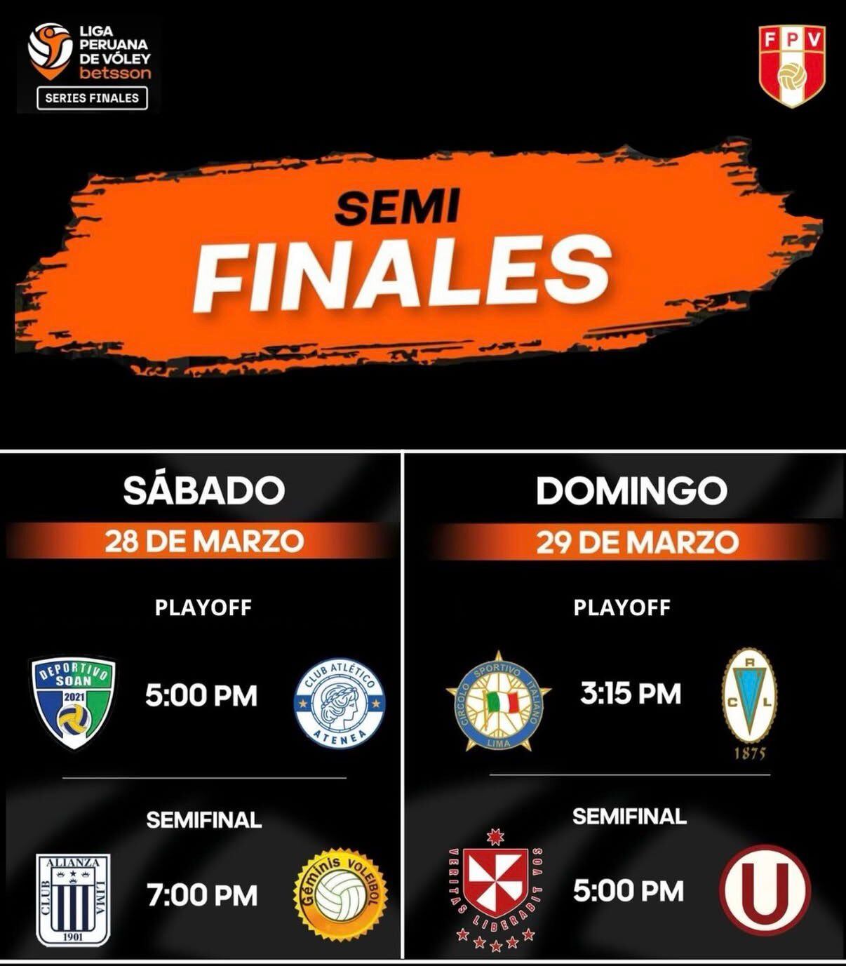Programación de las semifinales y playoffs de la Liga Peruana de Vóley 2025/2026.