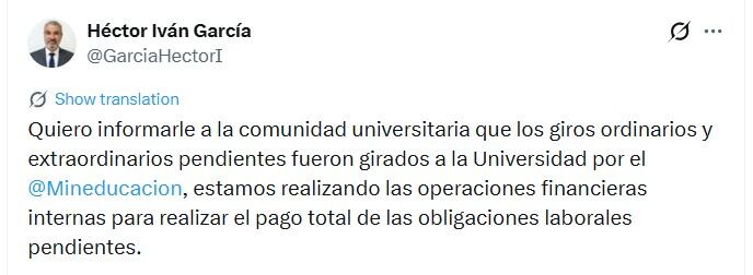 Con estos recursos, la Universidad de Antioquia prevé regularizar el pago de salarios a empleados, profesores y proveedores, afirmó el nuevo rector Héctor Iván García - crédito @GarciaHectorI/X