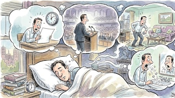 Ilustración de un hombre durmiendo. Su mente proyecta pesadillas: un examen, discurso público, buscar en un cuarto desordenado y dientes cayendo