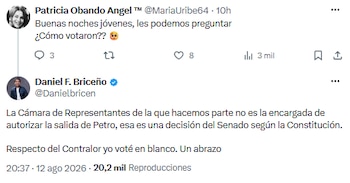Daniel Briceño aclaró que solo el Senado puede autorizar la salida de Gustavo Petro - crédito @Danielbricen/X
