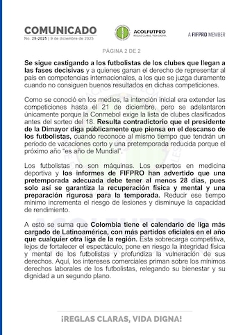 La agremiación de futbolistas publicó