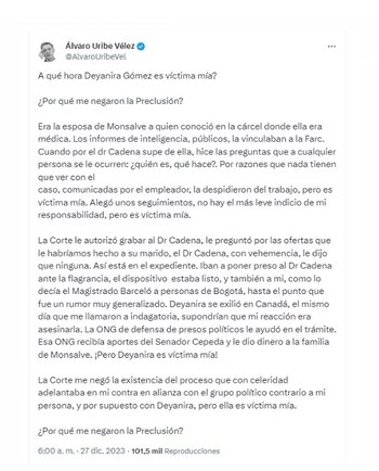 El expresidente Álvaro Uribe Vélez