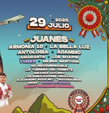 Póster de evento musical. Se ven la fecha 29 Julio 2026, Juanes y otros artistas, un avión, escarapela, montañas, noria y una persona