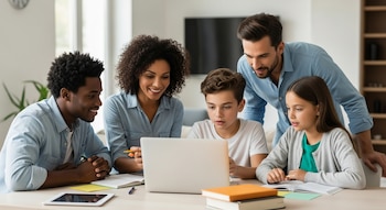 Una familia de cinco personas de diferentes etnias, incluyendo dos adultos y tres jóvenes, sentados alrededor de una mesa mirando una laptop y libros.