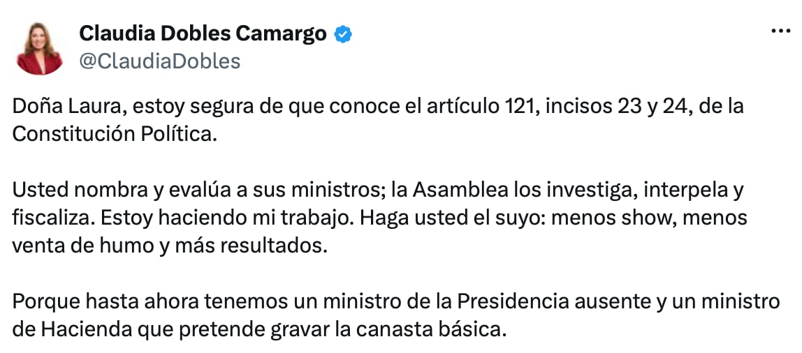 Publicación realizada por la diputada Claudia Dobles en su cuenta de X. Crédito: X