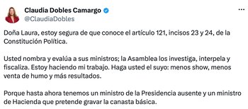 Publicación realizada por la diputada Claudia Dobles en su cuenta de X. Crédito: X