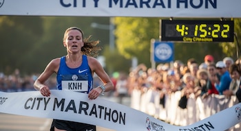 Maratonista femenina con camiseta azul y pantalones negros cruza la meta rompiendo la cinta de la City Marathon. Rostro sudoroso y exhausto. Reloj digital 4:15:22.