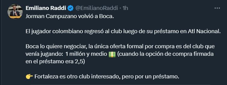 Emiliano Raddi confirmó el regreso de Jorman Campuzano a Boca Juniors-crédito @EmilianoRaddi/X