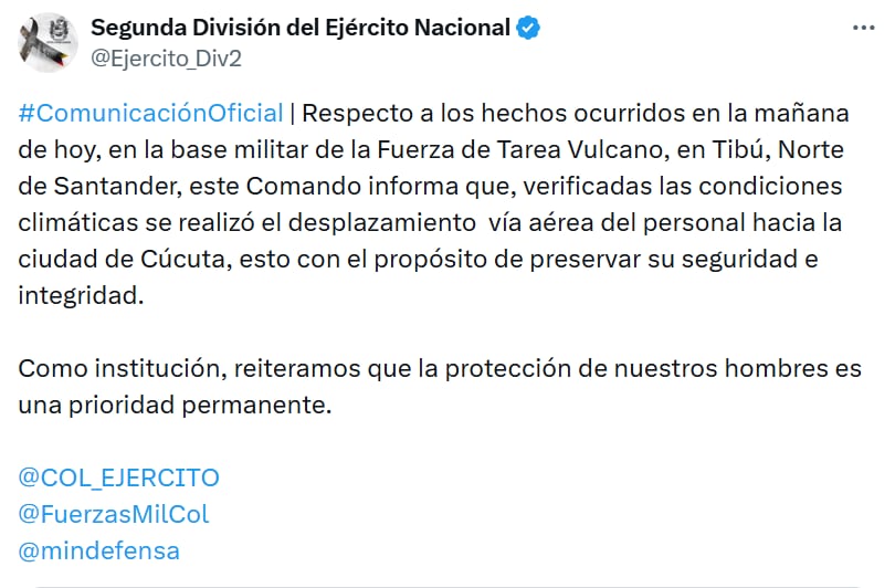 La institución reafirmó su compromiso con el bienestar de los uniformados en cumplimiento de protocolos. - crédito @Ejercito_Div2/X