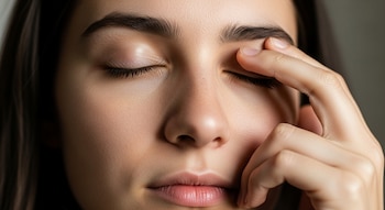 Primer plano de una persona con los ojos cerrados. Su mano derecha se apoya en el párpado superior y la ceja del ojo derecho.