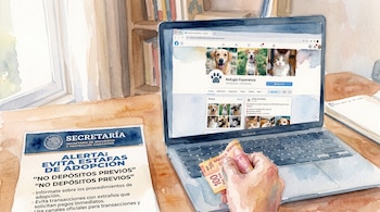 Una computadora portátil con un perfil de adopción de mascotas, una mano con un billete de cien pesos mexicanos y un folleto de alerta.