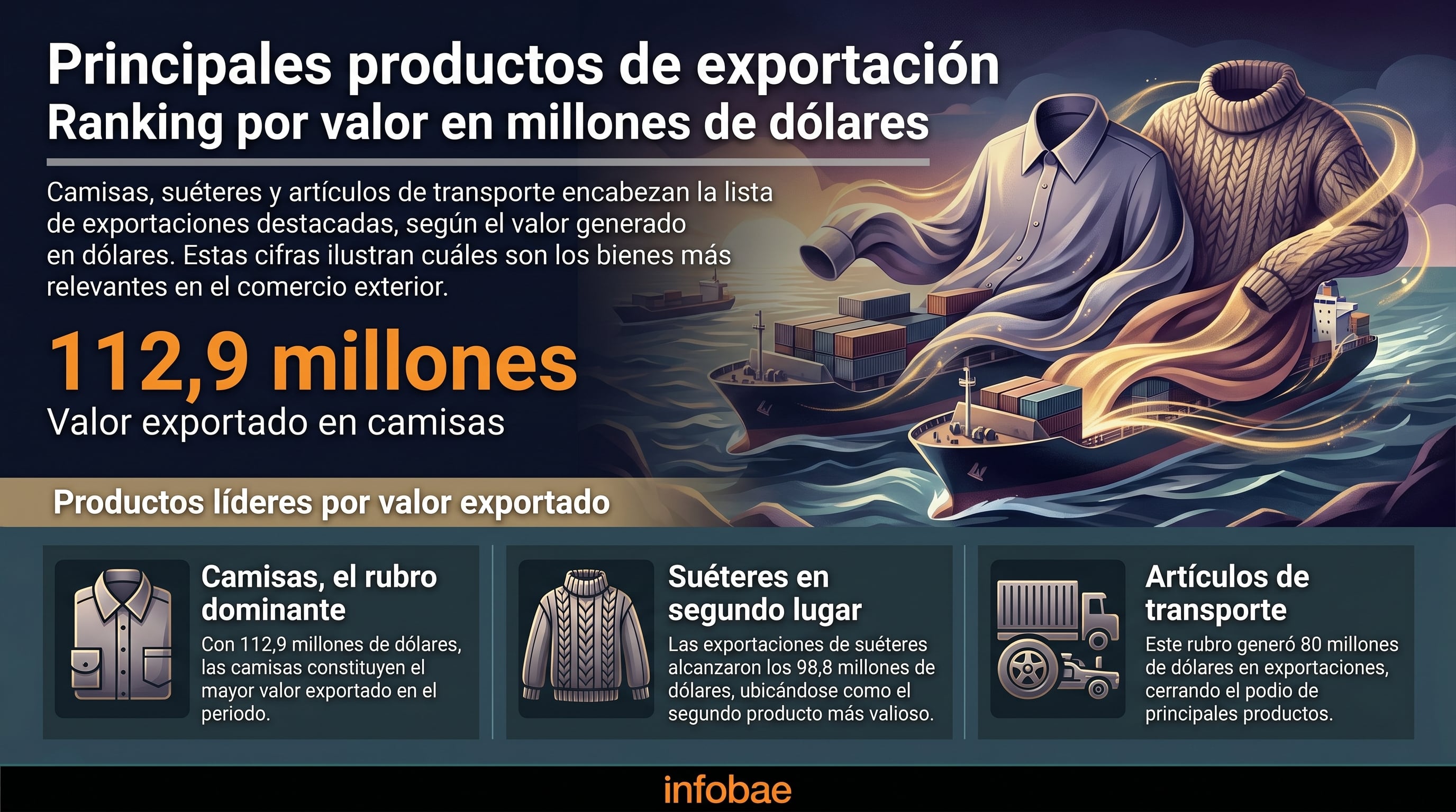Las camisas son el producto más exportado con 112,9 millones de dólares, seguidas por suéteres con 98,8 millones y artículos de transporte con 80 millones, según el ranking por valor. (Imagen Ilustrativa Infobae)