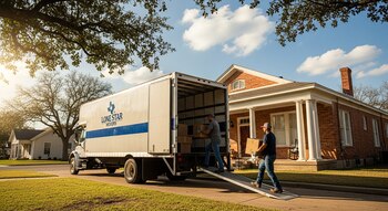 Dos hombres descargan cajas de cartón de un camión de mudanzas blanco con franja azul y logotipo de Lone Star Movers, estacionado frente a una casa de ladrillo.