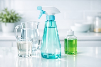 Una botella con atomizador turquesa, una jarra con agua, un vaso con vinagre blanco y un frasco de jabón líquido verde sobre una superficie blanca.