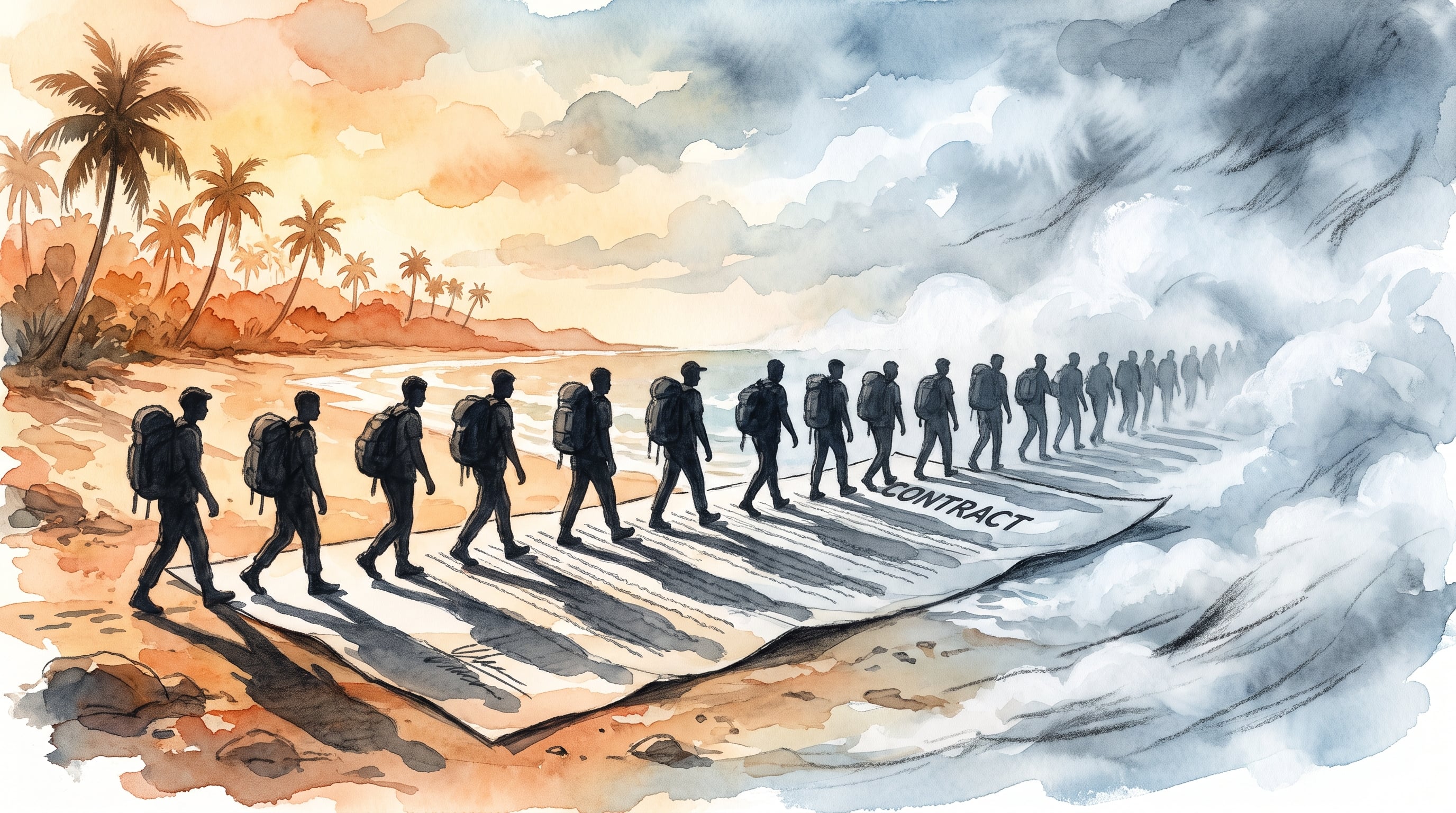 Hombres jóvenes caminan en fila desde una playa tropical sobre un contrato desplegado en el suelo hacia una zona de densa niebla. (Imagen Ilustrativa Infobae)