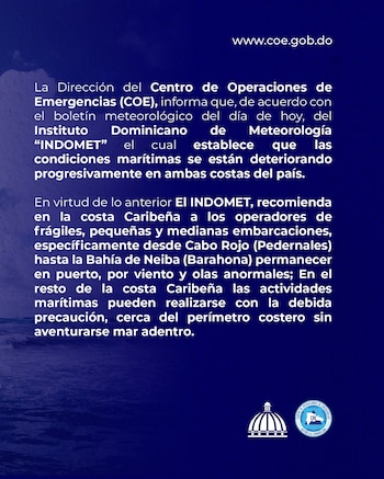 El Centro de Operaciones de Emergencias recomienda a embarcaciones frágiles, pequeñas y medianas de la costa Caribeña permanecer en puerto ante el deterioro progresivo de las condiciones marítimas (Cortesía: COE).