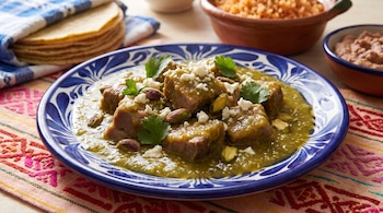 Plato Talavera azul con carne de cerdo en salsa verde, pistachos, cilantro, queso. Mantel, tortillas, arroz rojo, frijoles refritos.