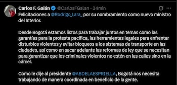 Carlos Fernando Galán felicitó a Rodrigo Lara por su designación y expresó la disposición de Bogotá para trabajar coordinadamente con el nuevo Gobierno - crédito Carlos F. Galán/X