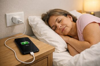 Una mujer duerme en una cama, junto a ella una mesita de noche con un teléfono móvil negro cargando mediante un cable conectado a un enchufe de pared.