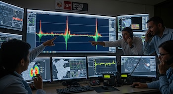 Tres personas monitorean múltiples pantallas con gráficos sísmicos y mapas en un centro de control. Dos hombres hablan por teléfono. El logo del IGP es visible.
