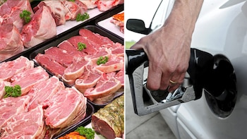 Imagen dividida: cortes de carne cruda en bandejas de supermercado y una mano repostando gasolina en un coche blanco