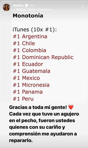 Shakira agradece a sus fans.
