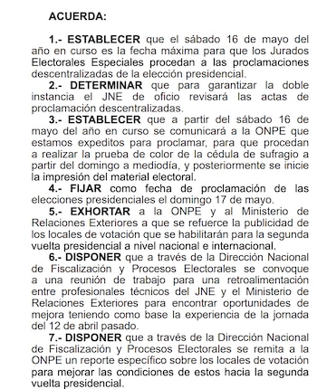 Acuerdo del Pleno del JNE
