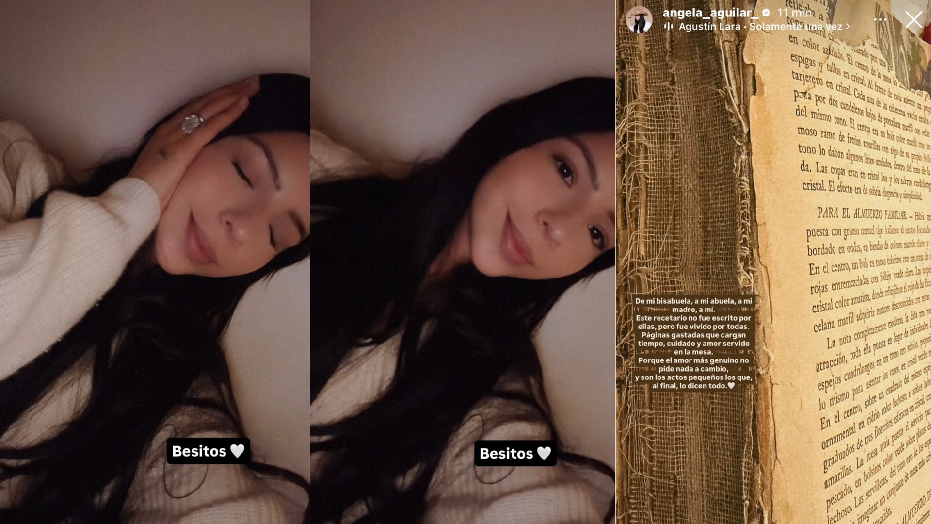 La cantante agregó una reflexión sobre el recetario que perteneció a su abuel a y a su madre. (Captura de pantalla @angela_aguilar_)