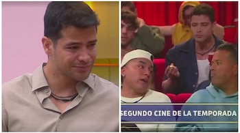 Collage de dos imágenes: un primer plano de un hombre con camisa beige y collares, y el mismo hombre entre un grupo en asientos rojos con texto ‘Segundo Cine de la Temporada’.