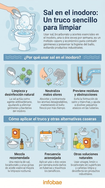 Infografía ilustrada sobre el uso de sal en el inodoro para limpiar. Muestra una mano vertiendo sal, iconos de limpieza, olores, tuberías y métodos de aplicación.