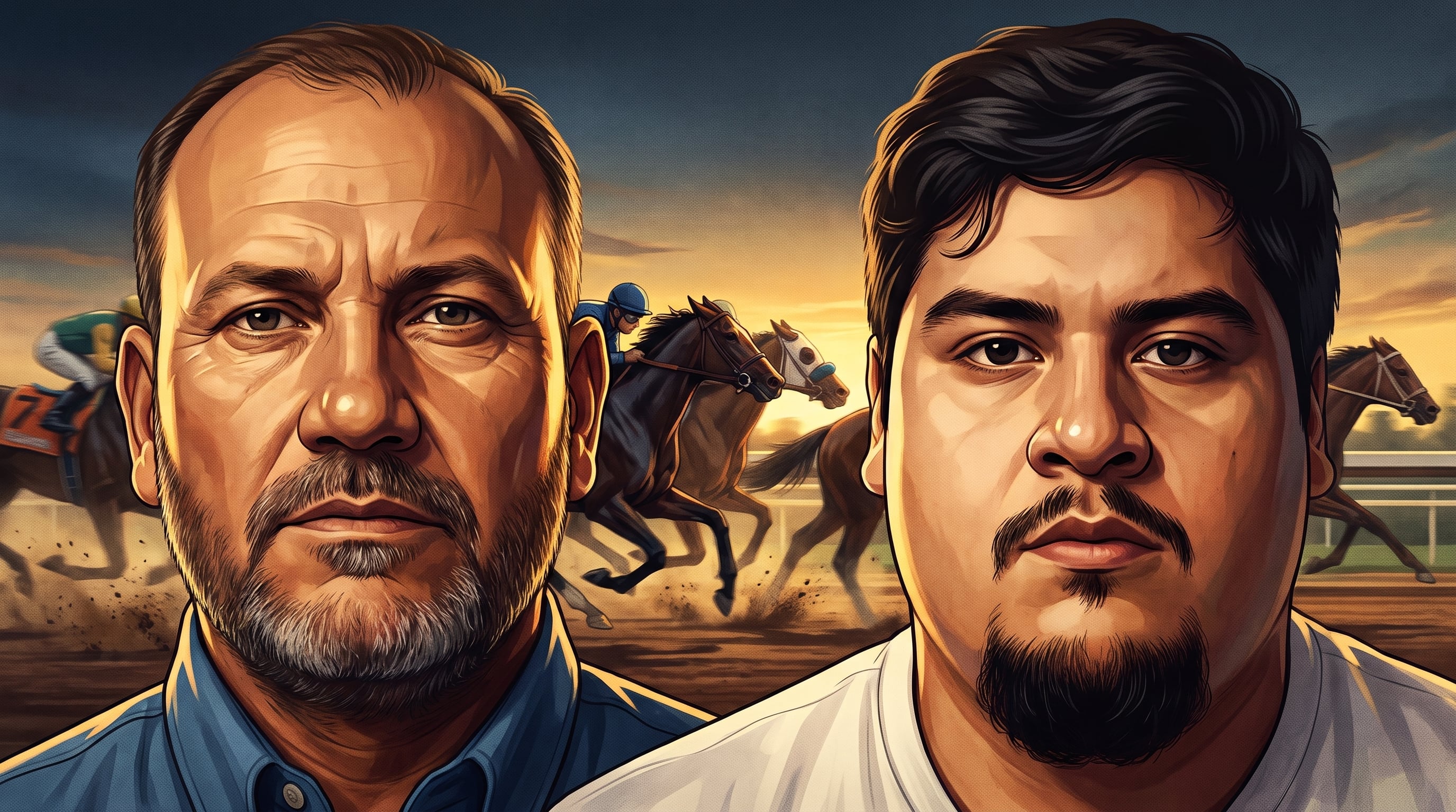 Una ilustración reúne a Gamaliel Garza García y a su hijo Gamaliel Garza Elías ante una carrera de caballos en la pista del hipódromo de Los Alamitos. (Imagen Ilustrativa Infobae)