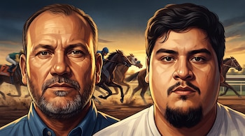 Ilustración en primer plano de dos hombres con barba y al fondo tres caballos con jinetes en una carrera sobre pista de tierra al atardecer.