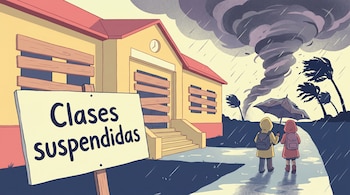 Ilustración de escuela cerrada con ventanas tapiadas, cartel "Clases suspendidas". Niños con mochilas bajo lluvia y paraguas. Cielo tormentoso, árboles.