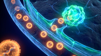 Representación microscópica de un vaso sanguíneo cerebral con nanopartículas anaranjadas, una barrera verde translúcida y un tumor cerebral brillante.