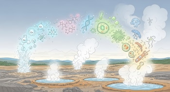 Ilustración de un paisaje geotérmico con géiseres y fuentes termales, donde el vapor ascendente se convierte progresivamente en moléculas, ADN y organismos microscópicos.