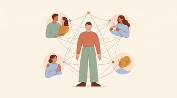 Ilustración de una figura humana central rodeada por cuatro círculos con personas y conectada por líneas sobre un fondo beige claro.