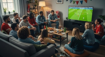 Un grupo de amigos se sienta en una sala viendo un partido de fútbol en una televisión grande, con aperitivos y bebidas en una mesa de centro.