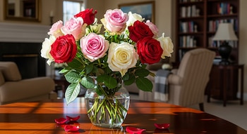Primer plano de un florero con rosas rojas, rosadas y blancas en una mesa de madera, con pétalos sueltos y una sala de estar borrosa al fondo.