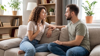Un hombre y una mujer sentados frente a frente en un sofá beige dentro de una habitación con estanterías de libros y plantas.