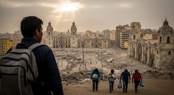 Un hombre con mochila observa la devastación en Lima, Perú, tras un terremoto. Edificios dañados, escombros y personas caminando son visibles.
