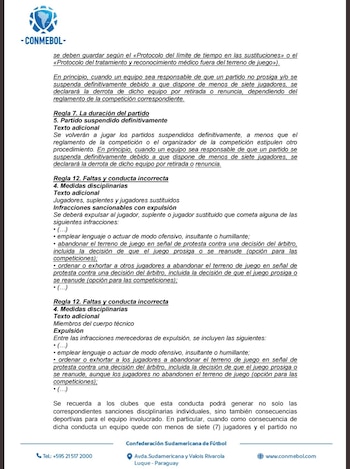 Las precisiones de la Conmebol sobre la implementación de las Leyes 7 y 12 en sus torneos - crédito Conmebol
