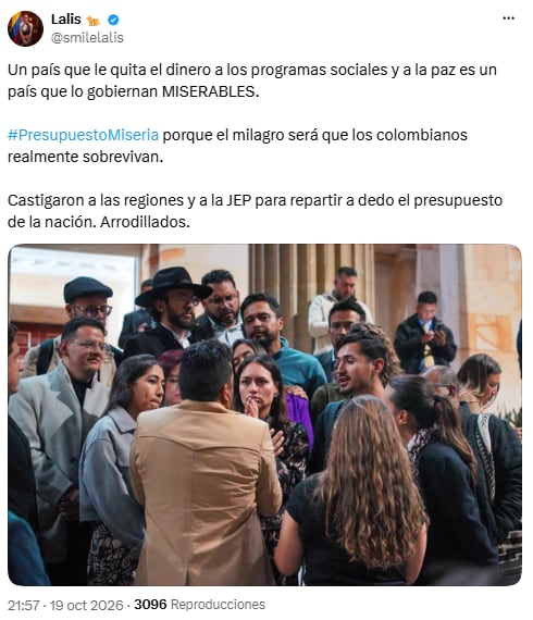 Lalis cuestionó recortes a programas sociales, regiones y la JEP - crédito @smilelalis/X