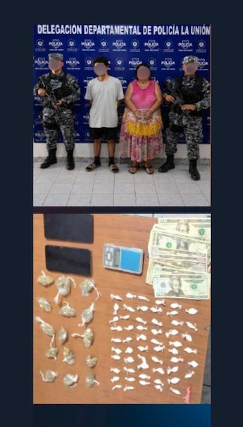 A mãe e seu filho foram presos em La Unión Sur por suposta posse e posse de drogas. (Cortesia: PNC de El Salvador)